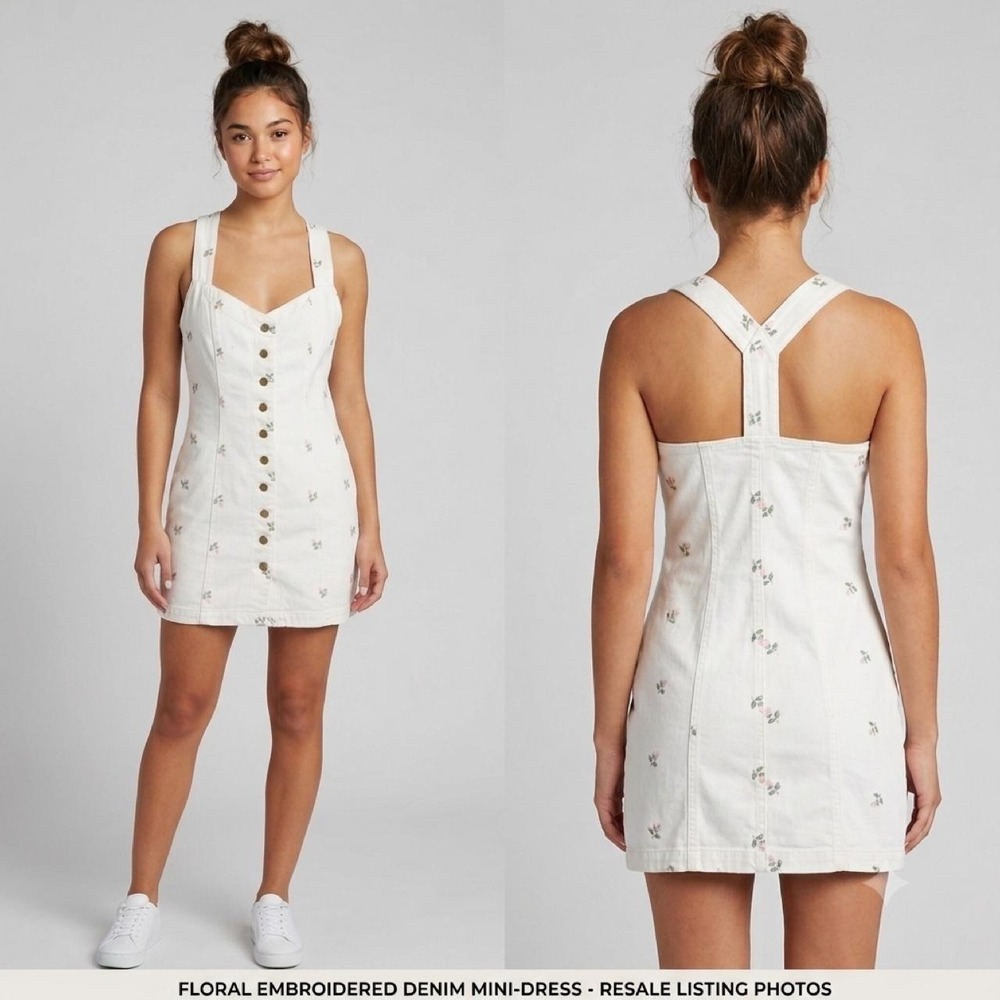 Vintage White Denim Mini dress With Embroidered Flowers